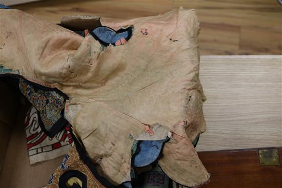 A Chinese embroidered silk and metal thread collar, a sage green brocade panel and other textiles